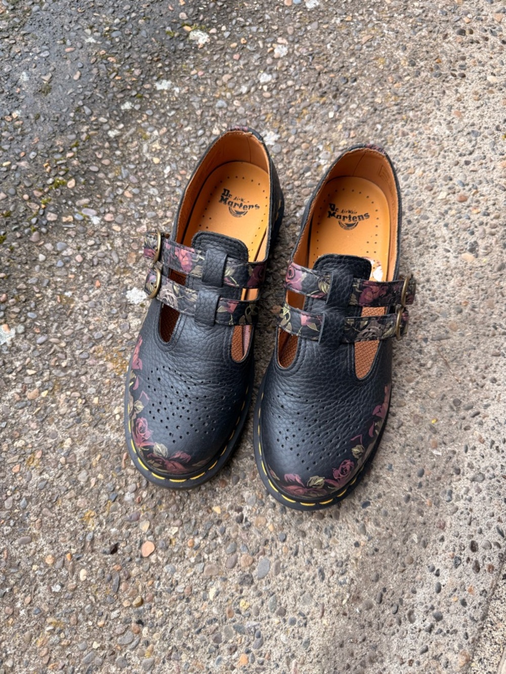Dr. Martens Black Floral Mary Jane Flats with Double Buckle - Picture 2 of 5